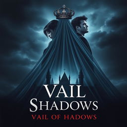 An alluring book cover for the fantasy novel 'Vail of Shadows', featuring a dark, ornate crown elegantly perched atop a flowing veil that cascades downward, wrapping around the silhouette of a grand, shadowy castle