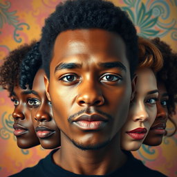 A striking portrait transformation showing a person's face morphing into a diverse array of expressions