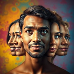 A striking portrait transformation showing a person's face morphing into a diverse array of expressions
