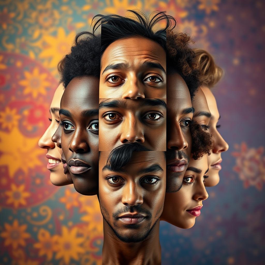 A striking portrait transformation showing a person's face morphing into a diverse array of expressions