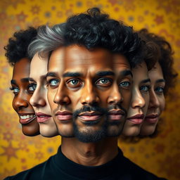 A striking portrait transformation showing a person's face morphing into a diverse array of expressions