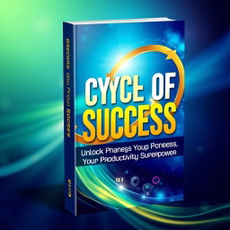 A dynamic and inspiring book cover design featuring the title "Cycle of Success: Unlocking Your Productivity Superpower" prominently displayed in bold, modern typography