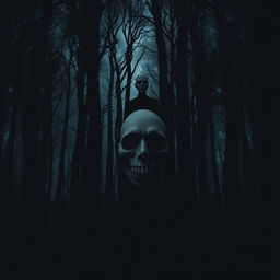 A dark and sinister forest setting, filled with shadows and tall, twisted trees that create an unsettling ambiance