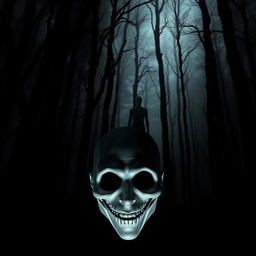 A dark and sinister forest setting, filled with shadows and tall, twisted trees that create an unsettling ambiance