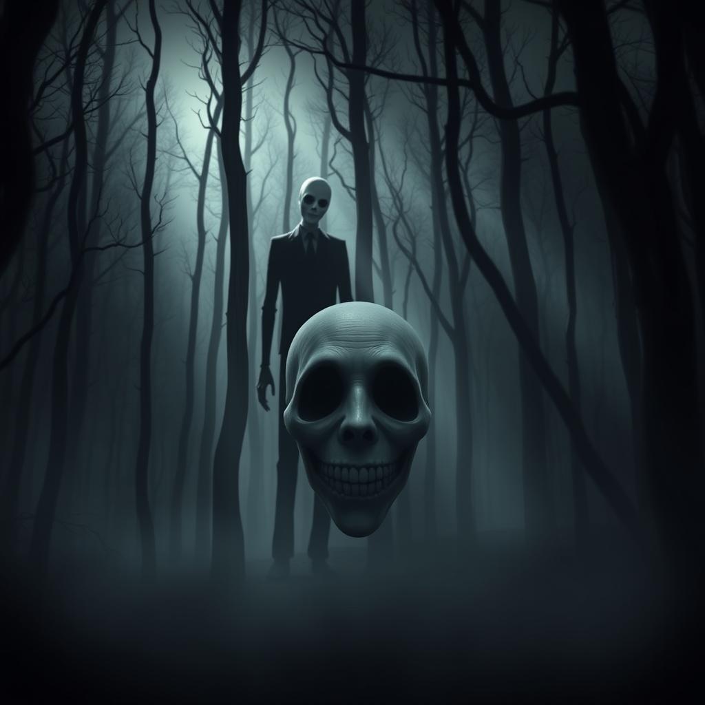 A dark and sinister forest setting, filled with shadows and tall, twisted trees that create an unsettling ambiance
