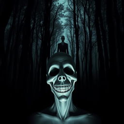 A dark and sinister forest setting, filled with shadows and tall, twisted trees that create an unsettling ambiance