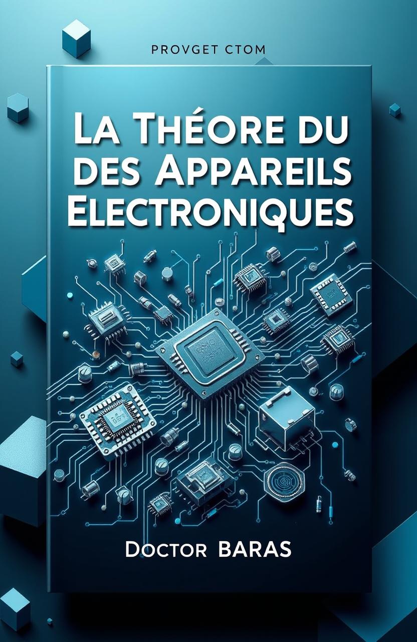 A captivating book cover design for "La Théorie du Volume des Appareils Électroniques" by Doctor BARAS