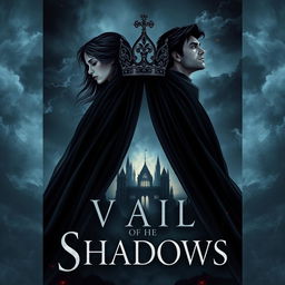 A captivating book cover for the fantasy novel 'Vail of Shadows', featuring a dark, ornate crown elegantly resting atop a flowing veil that cascades down, wrapping gracefully around the silhouette of a grand, shadowy castle
