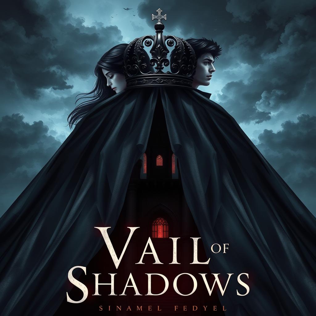 A captivating book cover for the fantasy novel 'Vail of Shadows', featuring a dark, ornate crown elegantly resting atop a flowing veil that cascades down, wrapping gracefully around the silhouette of a grand, shadowy castle