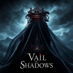 A captivating book cover for the fantasy novel 'Vail of Shadows', featuring a dark, ornate crown elegantly resting atop a flowing veil that cascades down, wrapping gracefully around the silhouette of a grand, shadowy castle