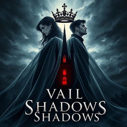 A captivating book cover for the fantasy novel 'Vail of Shadows', featuring a dark, ornate crown elegantly resting atop a flowing veil that cascades down, wrapping gracefully around the silhouette of a grand, shadowy castle