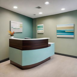 An inviting reception area of a dental clinic featuring a modern desk, comfortable seating area, soothing wall colors, tasteful art, brochure stands with informative pamphlets, and friendly, welcoming staff.