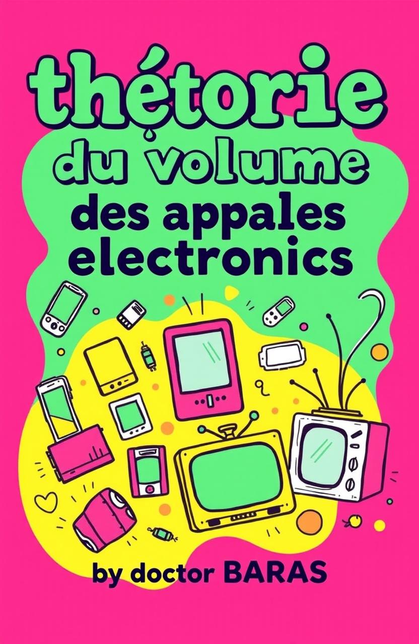 A kitsch book cover for 'théorie du volume des appareils électroniques' by Doctor BARAS, featuring a vibrant color palette with bright pinks, greens, and yellows