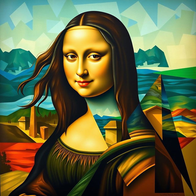 A reinterpretation of the famous Mona Lisa painting in a Cubism style, featuring abstract geometric shapes and fragmented forms