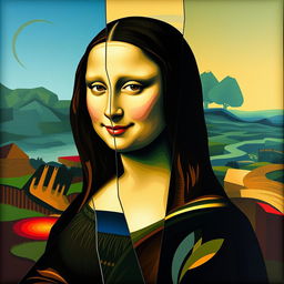 A reinterpretation of the famous Mona Lisa painting in a Cubism style, featuring abstract geometric shapes and fragmented forms