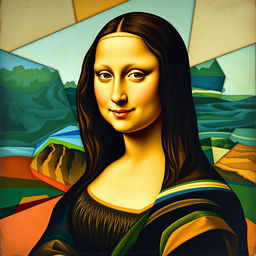 A reinterpretation of the famous Mona Lisa painting in a Cubism style, featuring abstract geometric shapes and fragmented forms