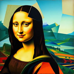 A reinterpretation of the famous Mona Lisa painting in a Cubism style, featuring abstract geometric shapes and fragmented forms