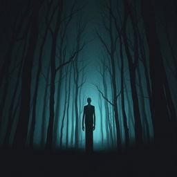 A dark and sinister forest, filled with tall, twisted trees that loom ominously against the night sky
