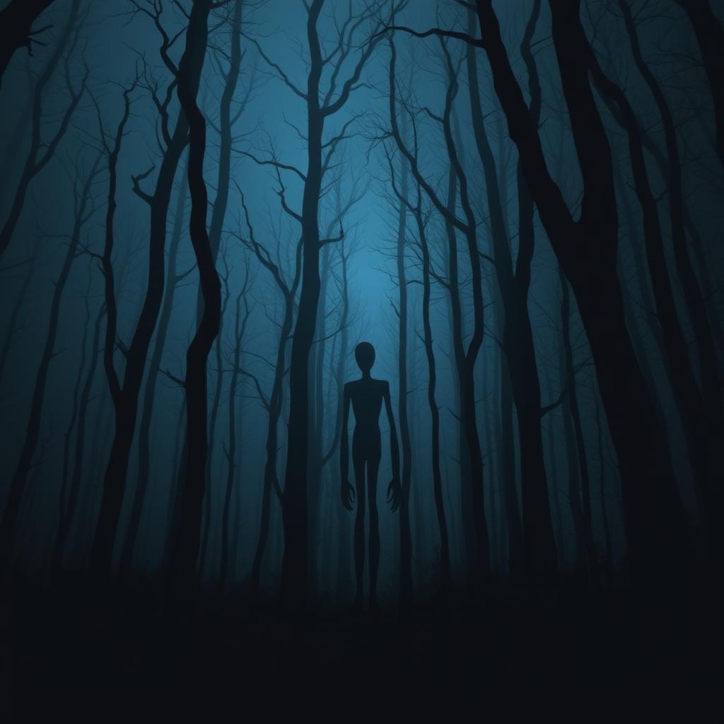 A dark and sinister forest, filled with tall, twisted trees that loom ominously against the night sky