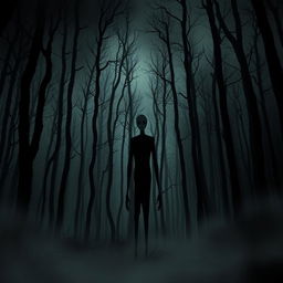 A dark and sinister forest, filled with tall, twisted trees that loom ominously against the night sky