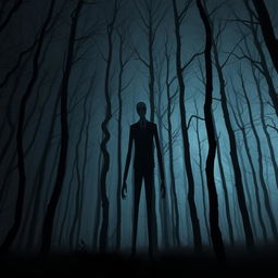 A dark and sinister forest, filled with tall, twisted trees that loom ominously against the night sky