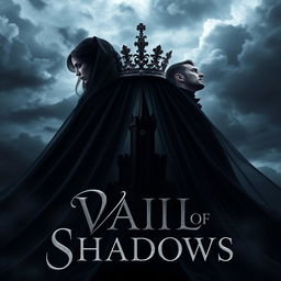 A striking book cover for the fantasy novel 'Vail of Shadows', showcasing a dark, ornate crown elegantly placed atop a flowing veil that cascades down and envelops the silhouette of a grand, shadowy castle
