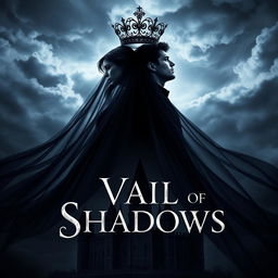 A striking book cover for the fantasy novel 'Vail of Shadows', showcasing a dark, ornate crown elegantly placed atop a flowing veil that cascades down and envelops the silhouette of a grand, shadowy castle