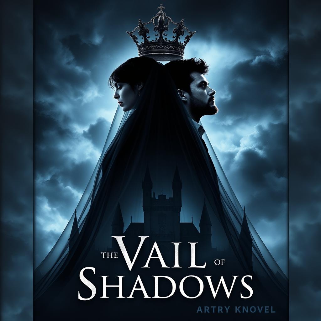 A striking book cover for the fantasy novel 'Vail of Shadows', showcasing a dark, ornate crown elegantly placed atop a flowing veil that cascades down and envelops the silhouette of a grand, shadowy castle