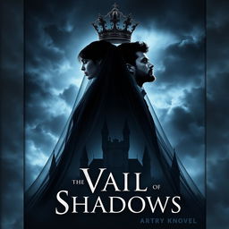 A striking book cover for the fantasy novel 'Vail of Shadows', showcasing a dark, ornate crown elegantly placed atop a flowing veil that cascades down and envelops the silhouette of a grand, shadowy castle
