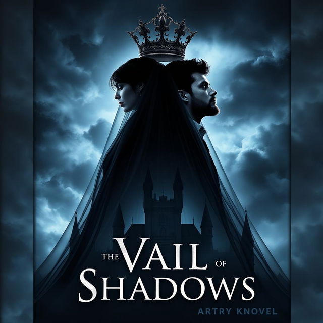 A striking book cover for the fantasy novel 'Vail of Shadows', showcasing a dark, ornate crown elegantly placed atop a flowing veil that cascades down and envelops the silhouette of a grand, shadowy castle