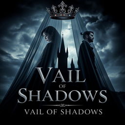 A striking book cover for the fantasy novel 'Vail of Shadows', showcasing a dark, ornate crown elegantly placed atop a flowing veil that cascades down and envelops the silhouette of a grand, shadowy castle