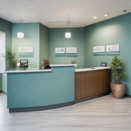 An inviting reception area of a dental clinic featuring a modern desk, comfortable seating area, soothing wall colors, tasteful art, brochure stands with informative pamphlets, and friendly, welcoming staff.