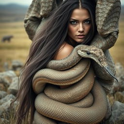 A striking image of a beautiful woman with very long hair and dark eyes, seamlessly blending into the lower half of a serpent's body, intricately coiled