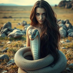 A striking image of a beautiful woman with very long hair and dark eyes, seamlessly blending into the lower half of a serpent's body, intricately coiled