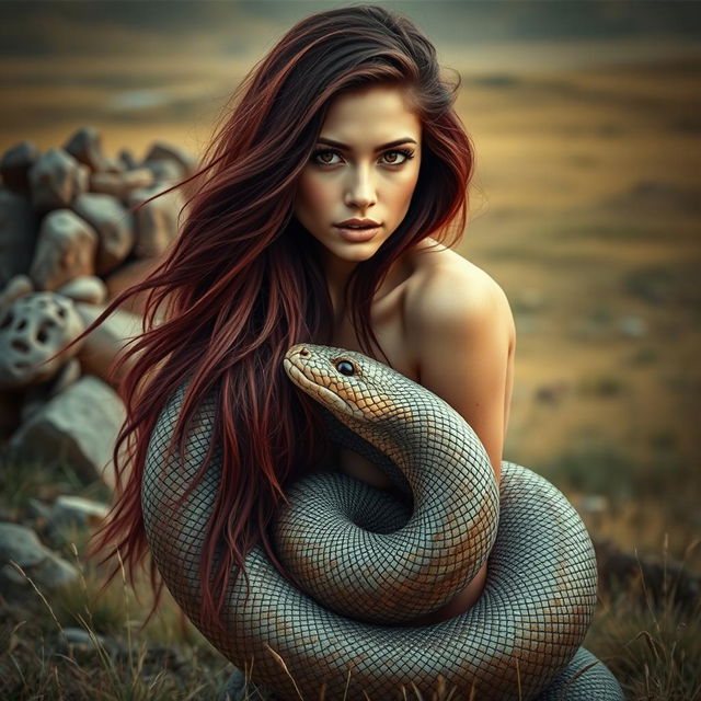 A striking image of a beautiful woman with very long hair and dark eyes, seamlessly blending into the lower half of a serpent's body, intricately coiled