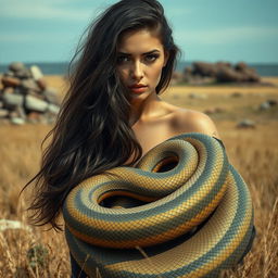 A striking image of a beautiful woman with very long hair and dark eyes, seamlessly blending into the lower half of a serpent's body, intricately coiled