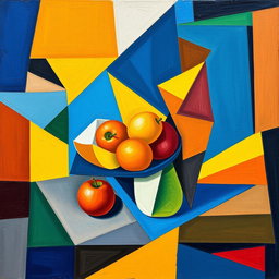 A vibrant cubism painting featuring abstract geometric shapes and forms in a harmonious composition