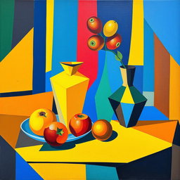 A vibrant cubism painting featuring abstract geometric shapes and forms in a harmonious composition