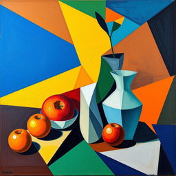 A vibrant cubism painting featuring abstract geometric shapes and forms in a harmonious composition
