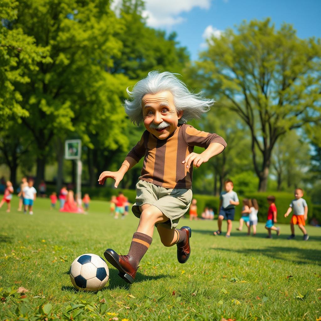 A whimsical scene of Albert Einstein playing football (soccer) in a vibrant park
