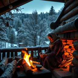 A cozy, warm cabin nestled at the foothills covered with oak trees, on a night with gentle snowfall from the sky