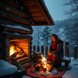 A cozy, warm cabin nestled at the foothills covered with oak trees, on a night with gentle snowfall from the sky