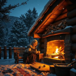 A cozy, warm cabin nestled at the foothills covered with oak trees, on a night with gentle snowfall from the sky