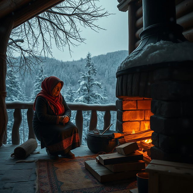 A cozy, warm cabin nestled at the foothills covered with oak trees, on a night with gentle snowfall from the sky