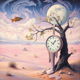 A dreamlike surrealism painting featuring an ethereal landscape that blends reality and imagination