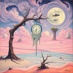 A dreamlike surrealism painting featuring an ethereal landscape that blends reality and imagination