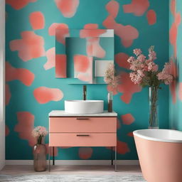 A bathroom vanity mounted on a wall, set against a backdrop of turquoise and dark salmon abstract print wallpaper. A vase with assorted flowers sits on the vanity.