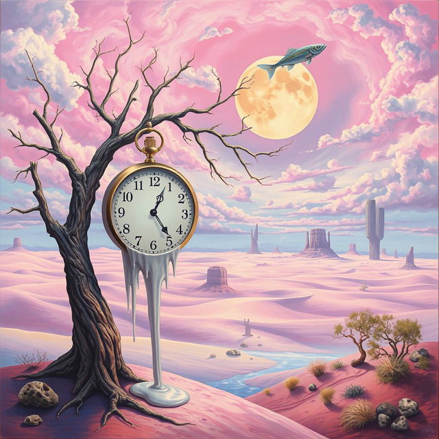 A dreamlike surrealism painting featuring an ethereal landscape that blends reality and imagination