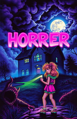 A vibrant and thrilling 80's horror book cover, featuring a haunted house shrouded in mist on a dark, moonlit night