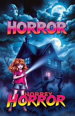 A vibrant and thrilling 80's horror book cover, featuring a haunted house shrouded in mist on a dark, moonlit night